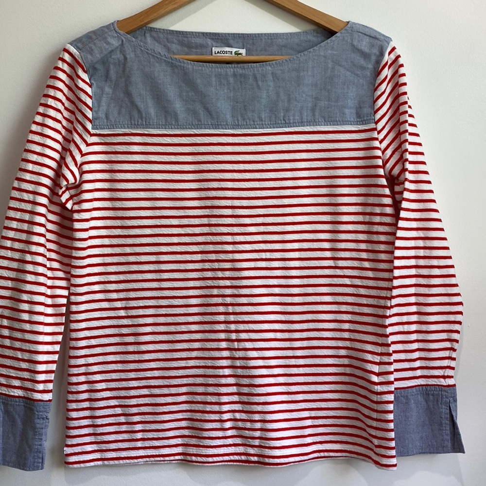 Lacoste red and white long sleeve top size 42 or Large